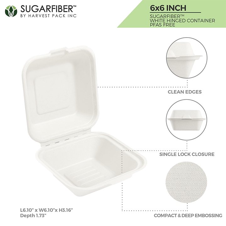 Sugarfiber™ 6x6 inch Square Hinged Container PFAS Free — HAKOWARE